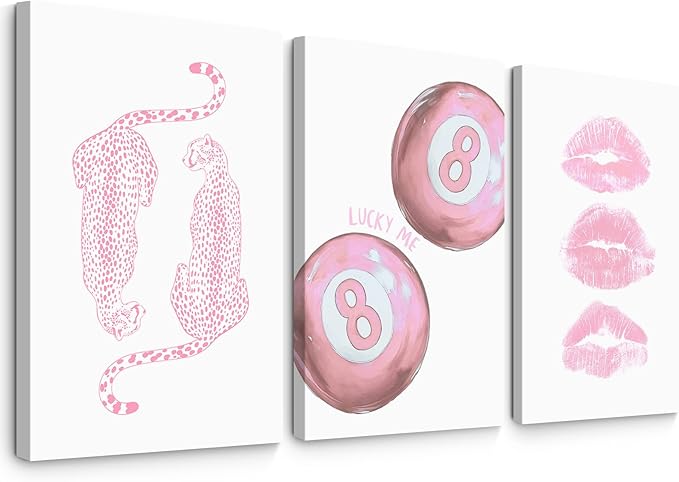 Pink Cheetah Wall Art Decor Trendy Leopard Prints Preppy Aesthetic Canvas Room Decor Y2k Leopard Wall Art 8 Ball Poster Coquette Funky Fashion Artwork for Girls Bedroom 16x24x3 Inch Wrapped Canvas