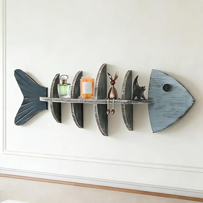 Wooden Fish Wall Shelf, Wood Fish Beach Decor Display Shelf, Nautical Coastal Style Wall - Mounted Organizer in Bedroom，Living Room，Lake House, Bathroom
