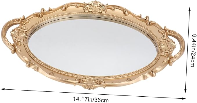 Lurrose Retro European Style Mirror Tray for Jewelry and Perfume Storage Elegant Decorative Oval Makeup Organizer Plate for Wedding Vanity Home Office Display