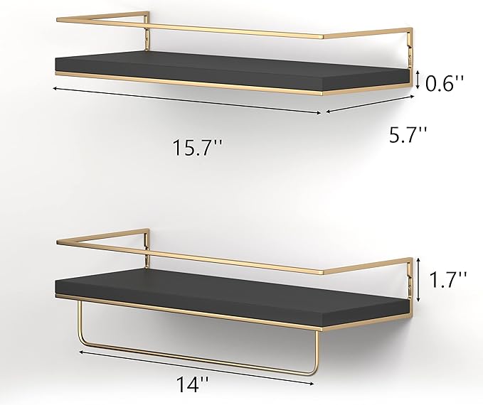 Shario Floating Shelves - Set of 2, Wall Mounted Hanging Shelves with Golden Towel Rack, Decorative Storage Shelves for Bathroom, Kitchen, Living Room & Bedroom (Black Gold, 15.7 Inches)