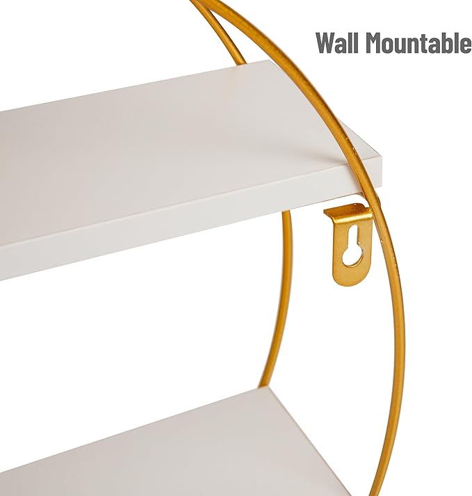 Mind Reader Floating Round Wall Shelves, Gold Metal Frame with Dual White Display Shelves, Decorative Wall-Mounted Organizer for Living Room, Office, or Bathroom, Metal. MDF, White