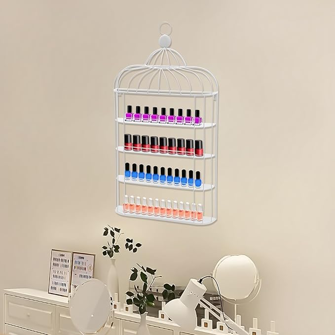 4-Tier Nail Polish Wall Racks 20 * 37 Inch Hold Up to 200 Bottles Birdcage Iron Nail Polish Shelf Organizer Wall Mounted 4 Rows (White)