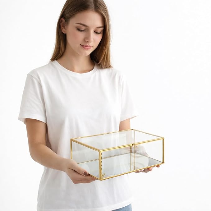 Feyarl Gold Glass Photo Display Box Figures Keepsake Box Jewelry Trinket Rings Earrings Perfume Storage Organizer Display Case Makeup Holder for Home Decor Wedding (10.8 x 7 x 3.9inch)