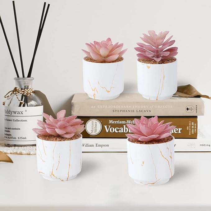 ZENIDA Succulent Artificial Plants,Cute Fake Succulents in 4 White Ceramic Pots,Small Fake Plants for Office,Table,Desk,Bathroom, Bedroom,Aesthetic Room Shelves Decor,Desk Decorations for Women Office