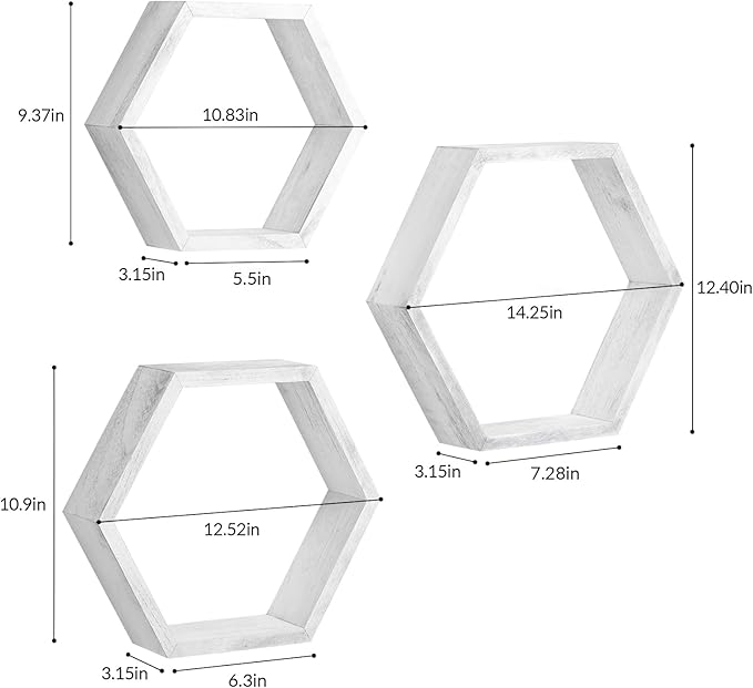 YBING Hexagon Floating Shelves Wall Mounted Set of 6 Honeycomb Shelves Wood Hexagonal Storage Hanging Shelves Farmhouse Wall Decor Floating Shelves for Bedroom Living Room Grey-White