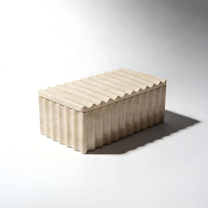 Natural Stone Storage Box with Wave Pattern, Decorative Organizer for Makeup, Jewelry, Perfume, Bathroom Vanity (Beige)