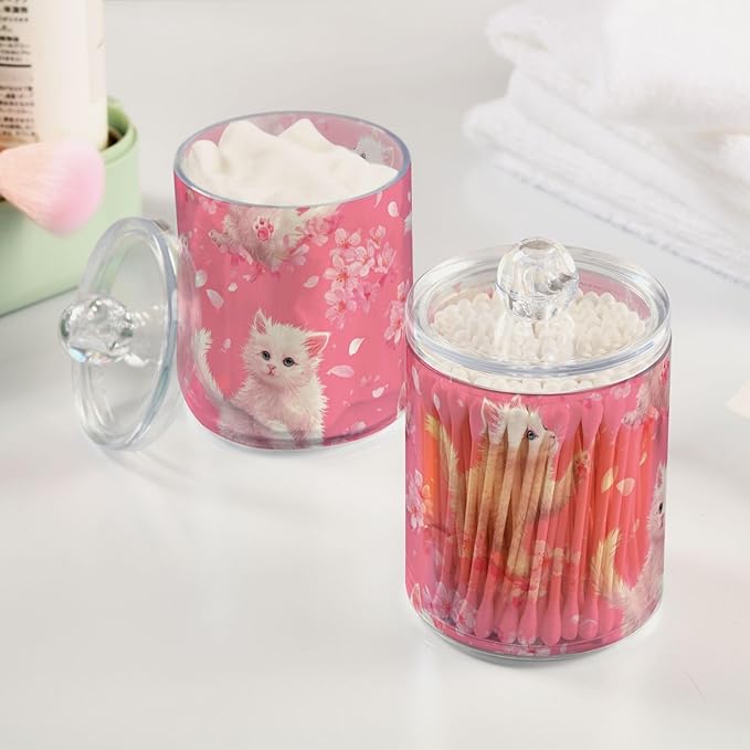 2 Pack Apothecary Jars Whimsical White Kitten Cherry Bathroom Vanity Storage Organizer Set,Small Clear Plastic Storage Jars Bathroom Canister for Cotton Swabs, Rounds, Balls, Qtips,Makeup Spong