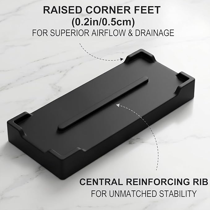 Countertop Vanity Tray - Silicone Bathroom Sink Organizer & Kitchen Soap Tray, Footed Anti-Slip Design, Waterproof Caddy for Perfume, Jewelry, Makeup, Bottle, Oil, Sponge Holder, Black (L10 x W 4.2")