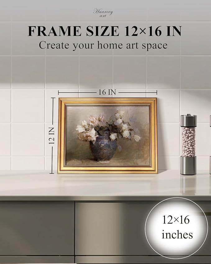 HUARCEY Gold Framed Canvas Wall Art Prints, Bathroom Vintage Decor Aesthetic, Classical Roses Floral Paintings Farmhouse Wall Decor, Retro Decoration for Bedroom Living Room, 12x16Inch