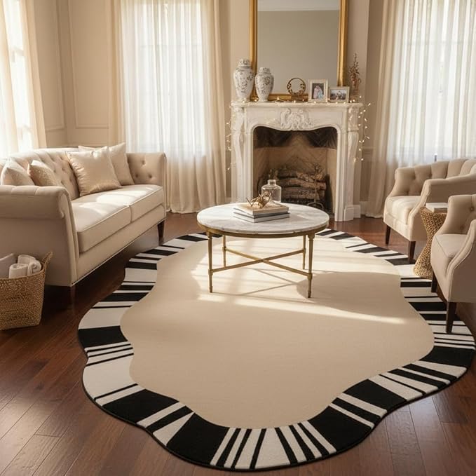 Beige Black White Stripes Irregular Area Rug for Bedroom Living Room Diningroom Non Slip Non Shedding Carpet Mid Century Modern Abstract Shaped Rug Minimalist Home Office Guestroom Floor Mats 5x7