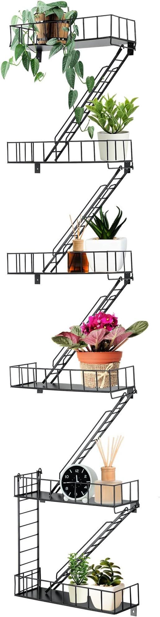 Zonon Fire Escape Wall Shelf Hanging Metal Ladder Shelves Wall Decor Cool Bookshelf Organizer Floating Shelves Action Figure Shelf for Home Bedroom Storage Display(Black,6 Tier)