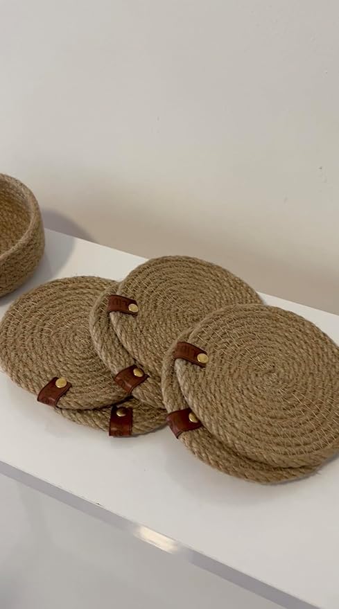 Handmade Jute Coaster Set with Basket – Natural 6-Piece Drink Coasters for Rustic Home Decor