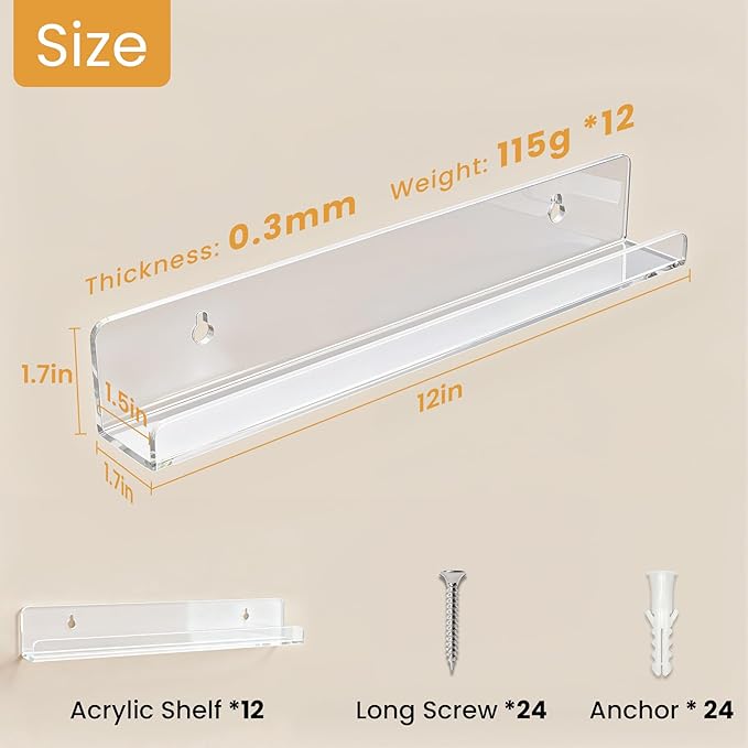 Laurensory 12 Pack Vinyl Record Shelf Wall Mount, 12-Inch Clear Acrylic Album Storage Holder, Floating Display Shelves for Wall Decor, Magazine Shelf, Kids Bookshelf, Suitable for Bedroom, Living Room