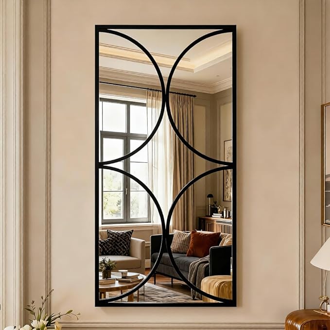 SHYFOY Black Metal Frame Wall Mirror, 47 x 24 Horizontal Rectangle Wall Mirror, Modern Geometric Accent Mirror for Living Room and Entryway