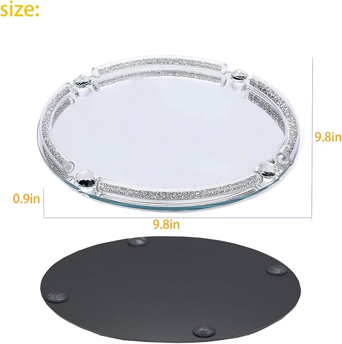 Crystal Dresser Tray, Mirror Glass Makeup Vanity Organizer Filled Crushed Diamond, 10" x 10" Round Jewelry Trinket Perfume Tray for Bathroom Bedroom, Home Decor, Hotel Banquet, Party (Silver)