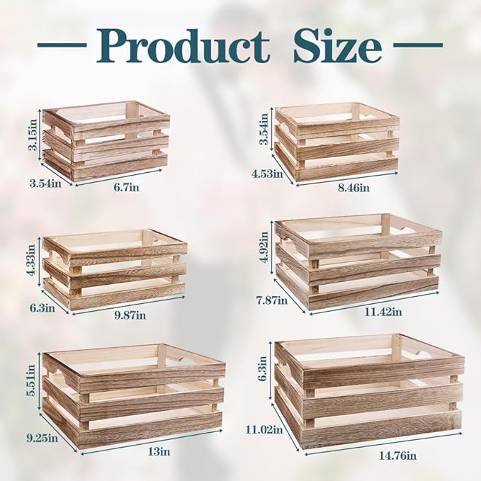 GRETJOB 6 Pack Large Wooden Crates for Display Rustic Nesting Wooden Basket with Handle, Decorative Farmhouse Wood Crate for Storage and Container, 6 Size Wood Basket Decor Boxes