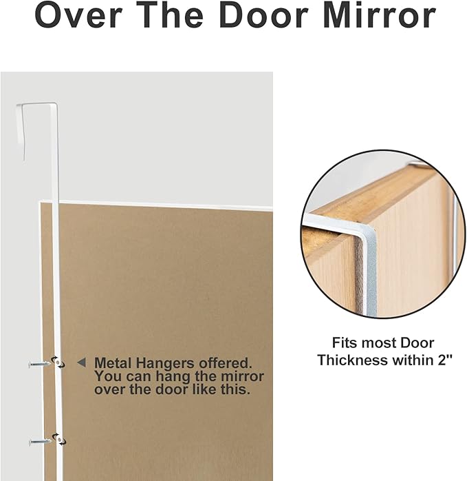 NeuType Full Length Mirror, 47x18 inches, Over The Door, Wall Mounted or Leaning, Shatterproof, White, Home Decor