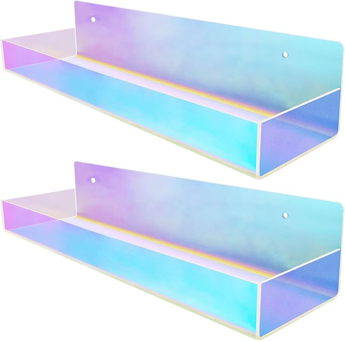 TLBTEK 2 Pcs 15 inch Iridescent Rainbow Floating Shelves,Colorful Acrylic Irridescent Floating Shelves Wall Mounted Storage for Bathroom, Bedroom, Living Room, Kitchen (Without Edge)