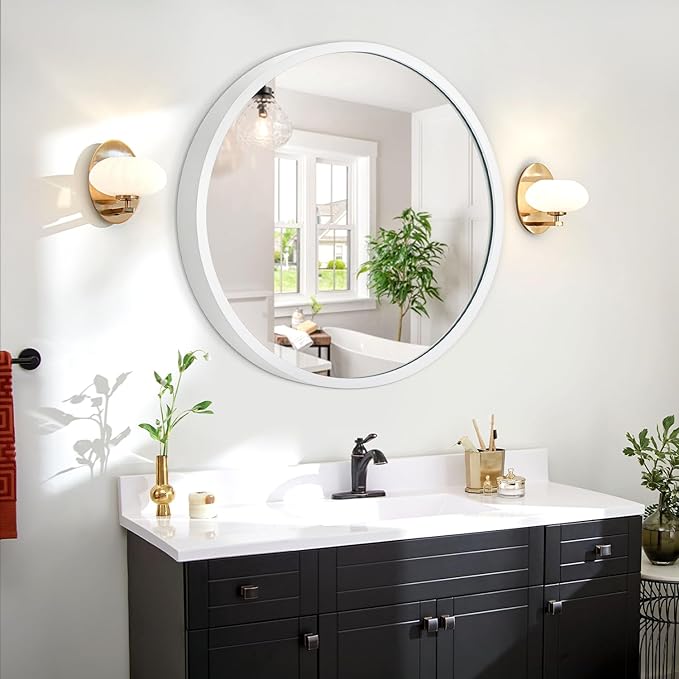 JJUUYOU Round Mirror White Circle Mirror 20 Inch Bathroom Mirror with Metal Frame, Mirrors for Bedroom, Wall, Living Room, Vanity, for Modern Minimalist Home Decor