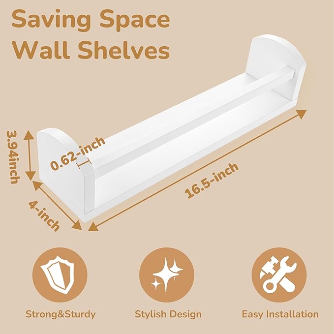 Nursery Book Shelves, 4 Pcs White Floating Shelves for Wall, 16.5 inch Solid Wood Scalloped Shelves, Wall Mounted Bookshelf for Toddler Room, Baby Room, Nursery Decor