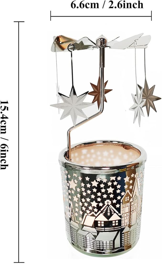 Metal Rotary Candle Holder Spinning Windmill Tea Light Carousel Decor for Home & Gifts (Silver North Star)