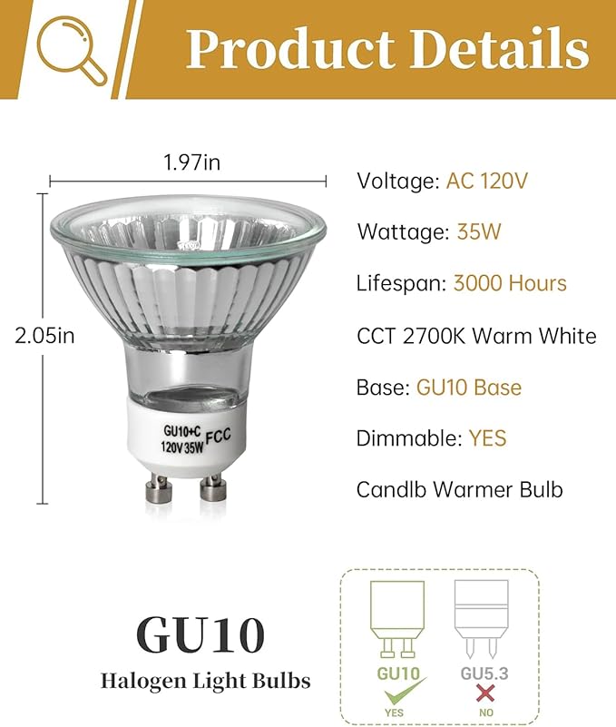 Elenhome 120v 35W GU10 Bulb for Candle Warmer Lamp, 2pcs gu10+c Dimmable 2800K Warm White Halogen Light Bulbs 2 pin, Wax Burner Light Bulb, Full Glass Cover Reflector Track & Recessed Light Bulbs