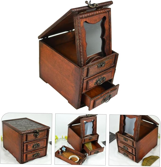 Cabilock Chinese Style Wooden Jewelry Box with Mirror Dust Jewelry Storage Holder for Rings Necklaces Earrings Practical Makeup Organizer Elegant Women