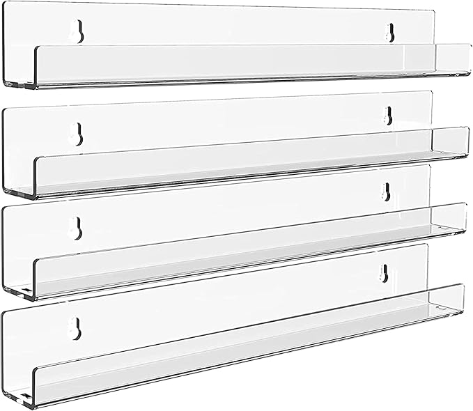 SuoXing 4 Pack Acrylic Clear Floating Bookshelf for Kids Room,15" Invisible Wall Bookshelves Ledge Book Shelf,U Modern Picture Ledge Display Toy Storage Vinyl Record Wall Shelf and Organizer Decor