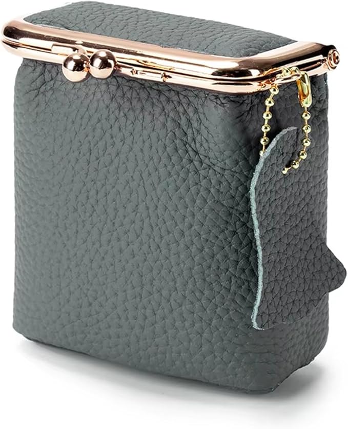 Genuine Leather Mini Jewelry Box for Women, Square Coin Purse with Kiss Lock, Makeup Cosmetic Bag Organizer Travel Case (Large, Almond Green)