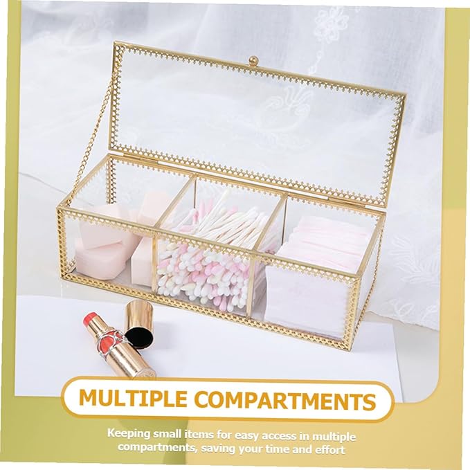 Jewelry Box with Glass Lid and Metal Frame Vanity Organizer for Makeup Rings Earrings Necklaces Bracelets Watches and Small Accessories Dustproof Storage for Bathroom Desk