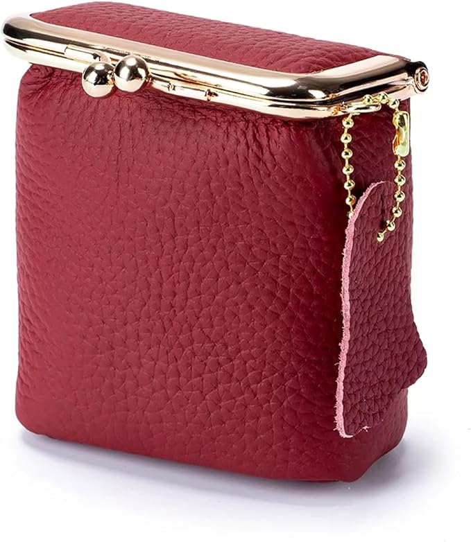 Genuine Leather Mini Jewelry Box for Women, Square Coin Purse with Kiss Lock, Makeup Cosmetic Bag Organizer Travel Case (Large, Burgundy)