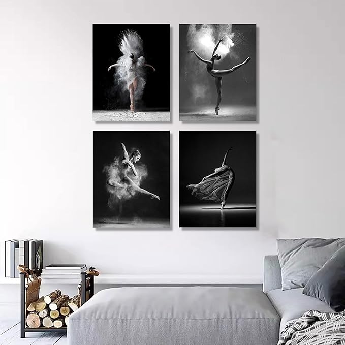 NCYEL 4Pcs Black and White Ballet Wall Art Girl Dancing Canvas Prints Elegant Dance Wall Decor Poster Modern Gallery Style Prints Living Room Bedroom Pictures 8x10 Inch Unframed