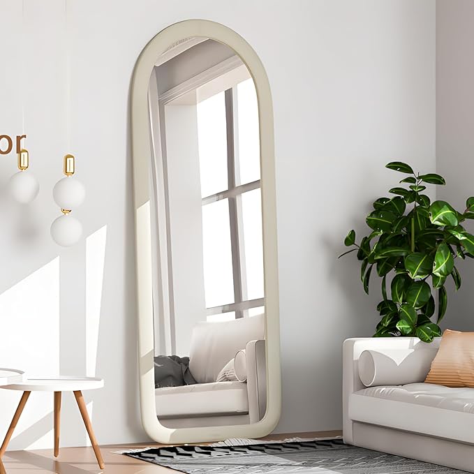 Full Length Mirror 56"x20" Arch Floor Mirror with Stand Arched Full Body Mirror Standing Hanging or Leaning Against Wall for Bedroom Flannel Wrapped Wooden Frame White