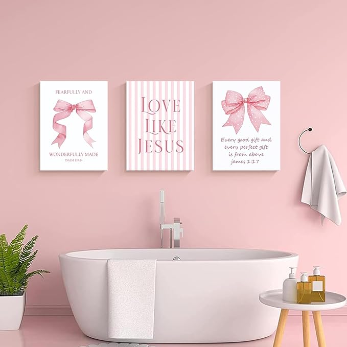 Dytila 3 Piece Pink Bows Wall Art for Girls Room, Bible Verse Pictures Bathroom Decor, Coquette Wall Artwork, Cute Teen Room Decoration, Dorm Decor for College, College Gifts for Girls 12x16 Inch
