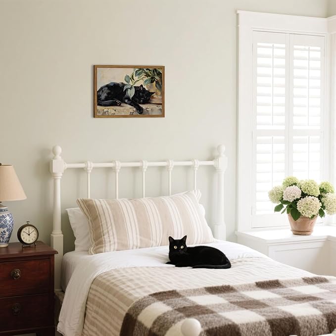 Framed Black Cat Canvas Wall Art, Vintage Sleeping Cat with Plant Picture Wall Decor Paintings, Cute Animal Poster Prints Rustic Aesthetic Home Decor for Living room Bedroom Bathroom 12x16 inch
