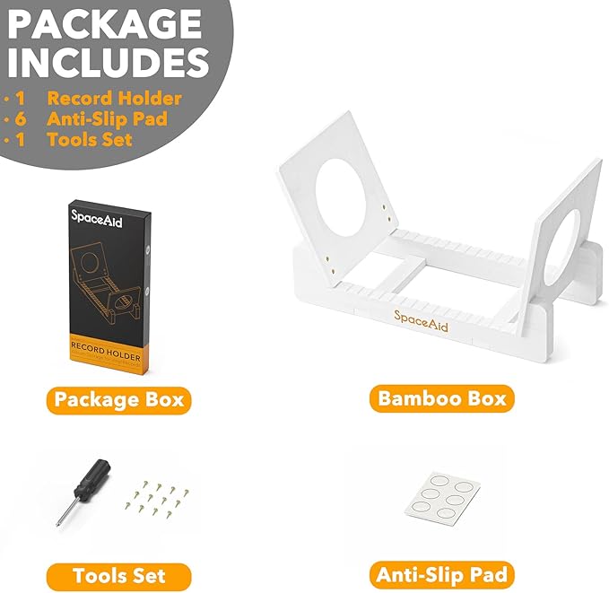 SpaceAid Bamboo Record Storage Holder Shelf, Holds Up to 50 Albums, 7 or 12 inch LPs, Stand Organizer Display, Gifts for Vinyl Lovers (White)