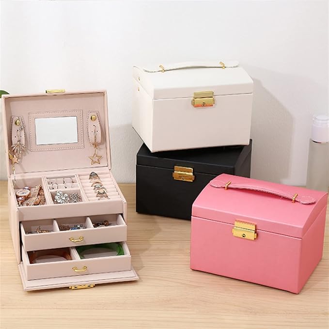 3layers Stud Earrings Ring Jewelry Box Portable Makeup Organizer with Mirror Women Travel Jewellery Storage Case 1Pcs (Color : Light Blue style1)