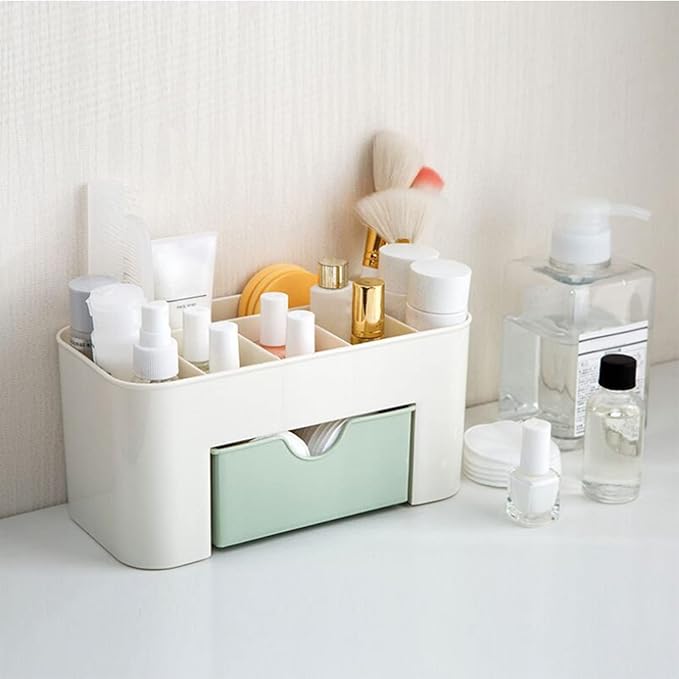 6 Compartments Cosmetics Makeup Organizer Cosmetic Storage Box with Drawer Multifunctional Makeup Desk Organizer for Home Bathroom(Green)