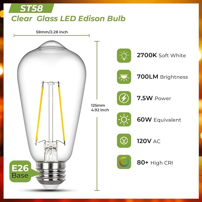 Sigalux Vintage Edison Light Bulbs 60 watt Equivalent, Dimmable E26 LED Bulb 2700K Soft Warm White, Clear Glass ST58 Vintage Bulb, 80+ CRI, 700LM, E26 Base, 6 Pack