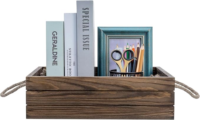 MyGift 13 Inch Rustic Brown Wood Decorative Storage Organizer Bin with Rope Handles, Open Top Small Crate Box for Bathroom Accessories, Books, Crafts, Fruits
