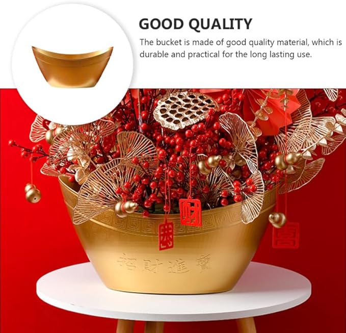 Yuanbaofu Bucket Golden Plastic Ingot Shape Wedding Housewarming Gift Storage Container Home Sundries Organizer New Year Flower Container Prosperity Basket 15.74X9.05X8.26In