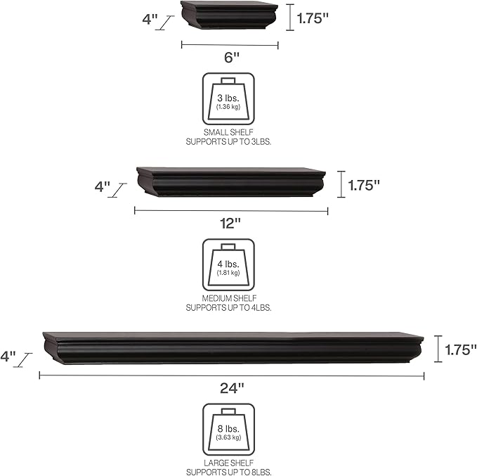 MELANNCO Floating Shelves for Wall Set of 5 - Black MDF Wall Shelves, 2 of 6 in, 2 of 12 in, 1 of 24 in, Multifunctional Room Decor Shelf with Hardware Included