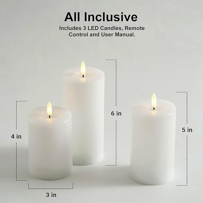 Stmarry White Flameless Candles with Remote and Timer, Real Wax Made LED Pillar Candles Battery Operated with 3D Flickering Flame - 3" x 4",5",6" - Set of 3