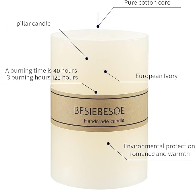 3×4 Ivory Pillar Candles Set of 3 Unscented Handpoured Weddings, Home Decoration, Restaurants, Spa, Church Smokeless Cotton 120 Hour