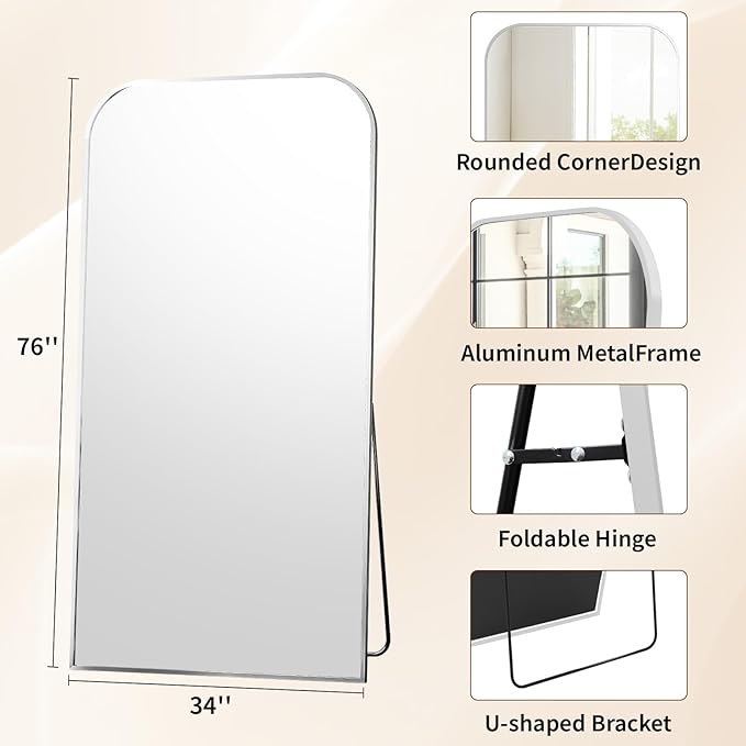 Full Length Mirror 76"x34" Arched Floor Standing Large Mirrors Full Body Mirror with Stand - with Aluminum Frame for Bedroom Living Room, Silver