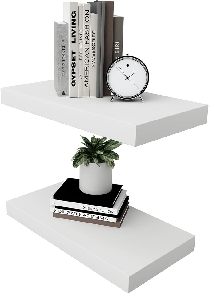 WELLAND Set of 2 Floating Shelves Wall Mounted Shelf, for Home Decor with 8" Deep (White, 15 inch)