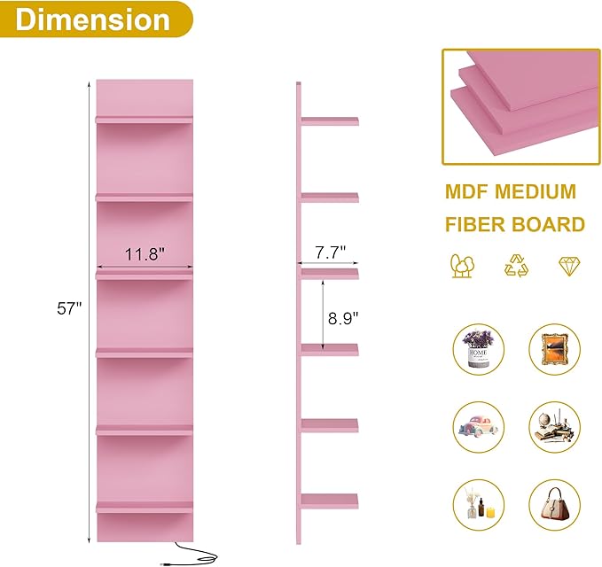 Qupui 6 Tier Wall Shelf Unit with LED Light, Display Floating Storage Home Decor Organizer Shelves for Bedroom Living Room, Pink
