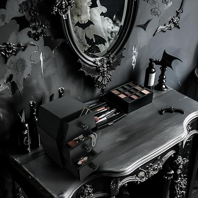 Gothic Coffin Jewelry Organizer -Coffin Vanity Boxes 3-Drawer Spooky Dark Aesthetic Vanity Box, Solid Wooden Black Storage with Compartments for Rings Necklaces Earrings