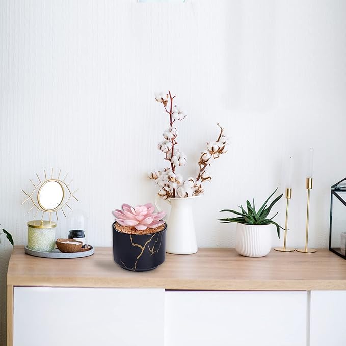 ZENIDA Succulent Artificial Plants,Cute Fake Succulents in 1 Black Ceramic Pots,Small Fake Plants for Office,Table,Desk,Bathroom, Bedroom,Aesthetic Room Shelves Decor,Desk Decorations for Women Office