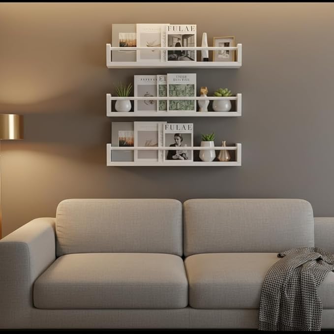 Set of 3 Kids Floating Bookshelves White – 24 Inch Wall Mounted Nursery Book Shelves with Safety Rail – Ideal Storage & Display Shelf for Nursery, Bedroom, and Playroom